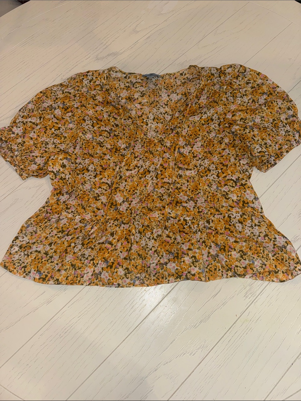 CeCe Floral V-Neck Short Sleeve Blouse in Mustard and Pink